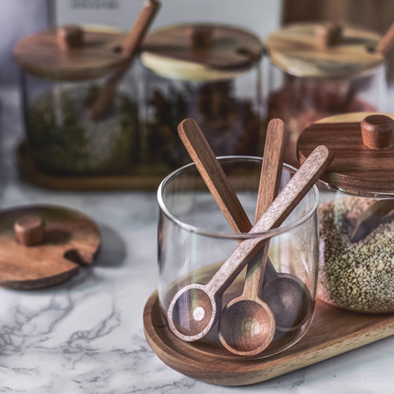 Wood Spice Rack & Glass Spice Jar Set